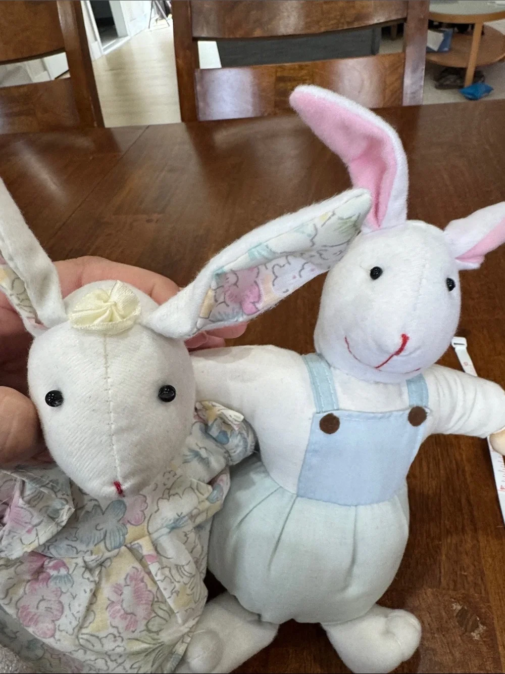 Vintage Pair of Plush Bunny Dolls in Pastel Floral Dress & Light Blue Overalls